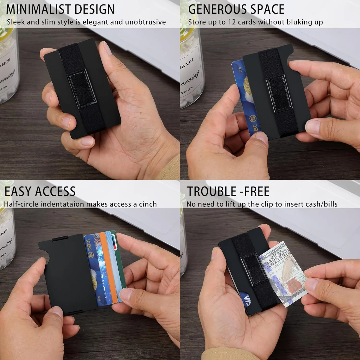 Minimalist Carbon Fiber Wallet for Men, Money Clip Cash Strap Wallet, RFID Blocking Metal Wallet Aluminum Card Holder,Front Pocket Wallet