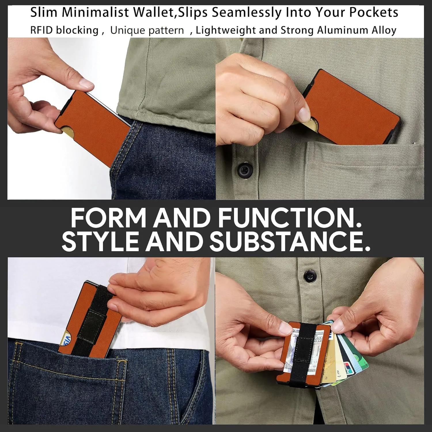 Minimalist Carbon Fiber Wallet for Men, Money Clip Cash Strap Wallet, RFID Blocking Metal Wallet Aluminum Card Holder,Front Pocket Wallet