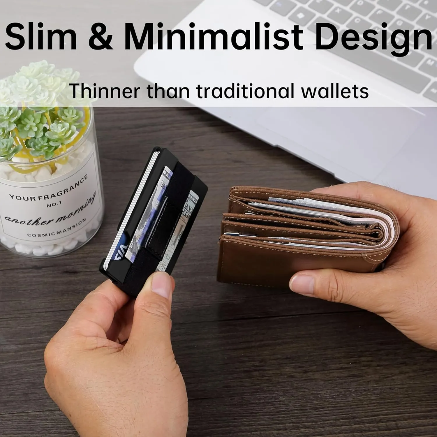 Minimalist Carbon Fiber Wallet for Men, Money Clip Cash Strap Wallet, RFID Blocking Metal Wallet Aluminum Card Holder,Front Pocket Wallet