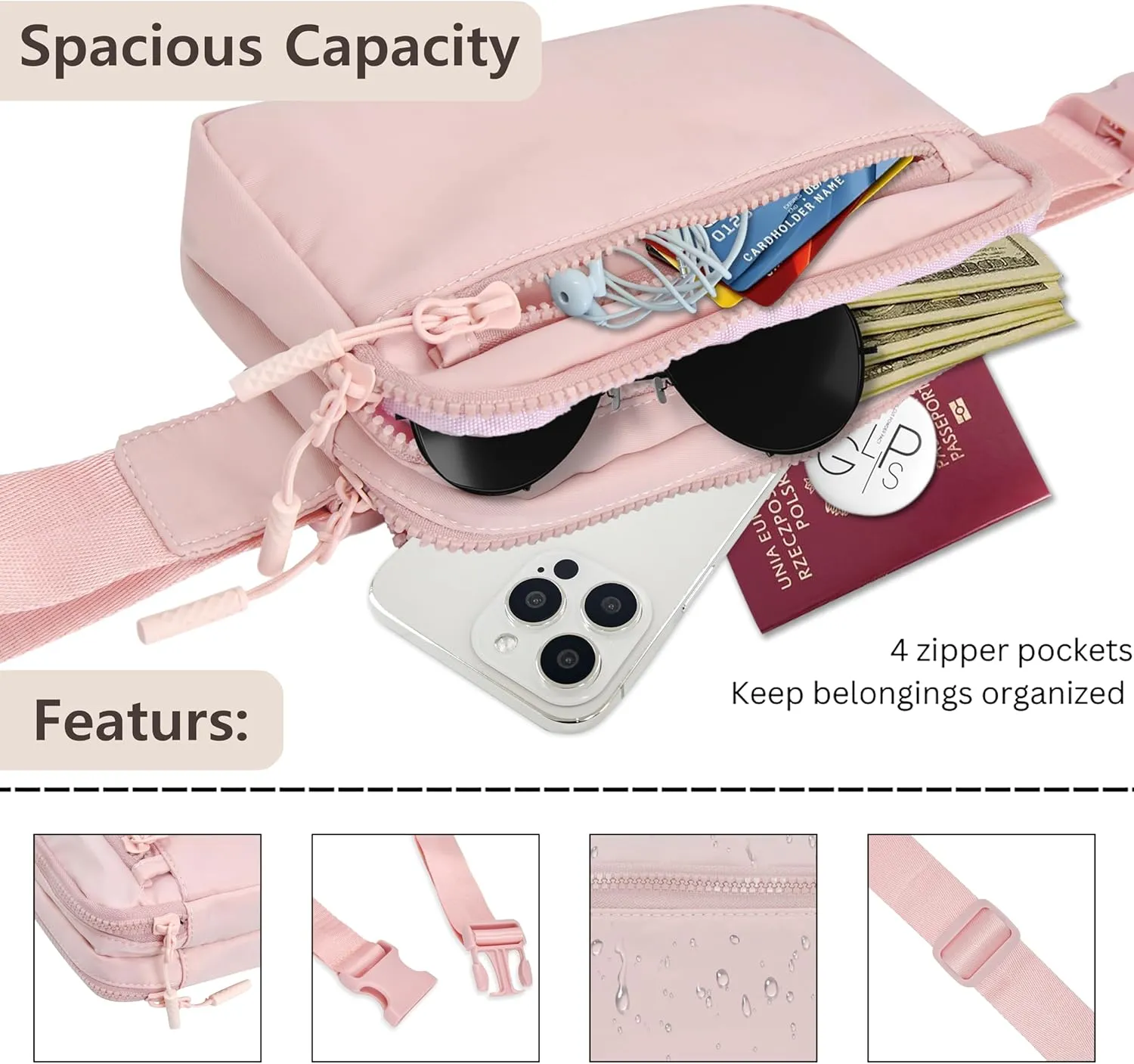 NGIL Crossbody Belt bag for Woman, Crossbody Pack, Small Belt Pack for Women, Workout, Traveling, Running Hip Bag, Hiking Waist Bag with Adjustable Strap (Baby Pink)