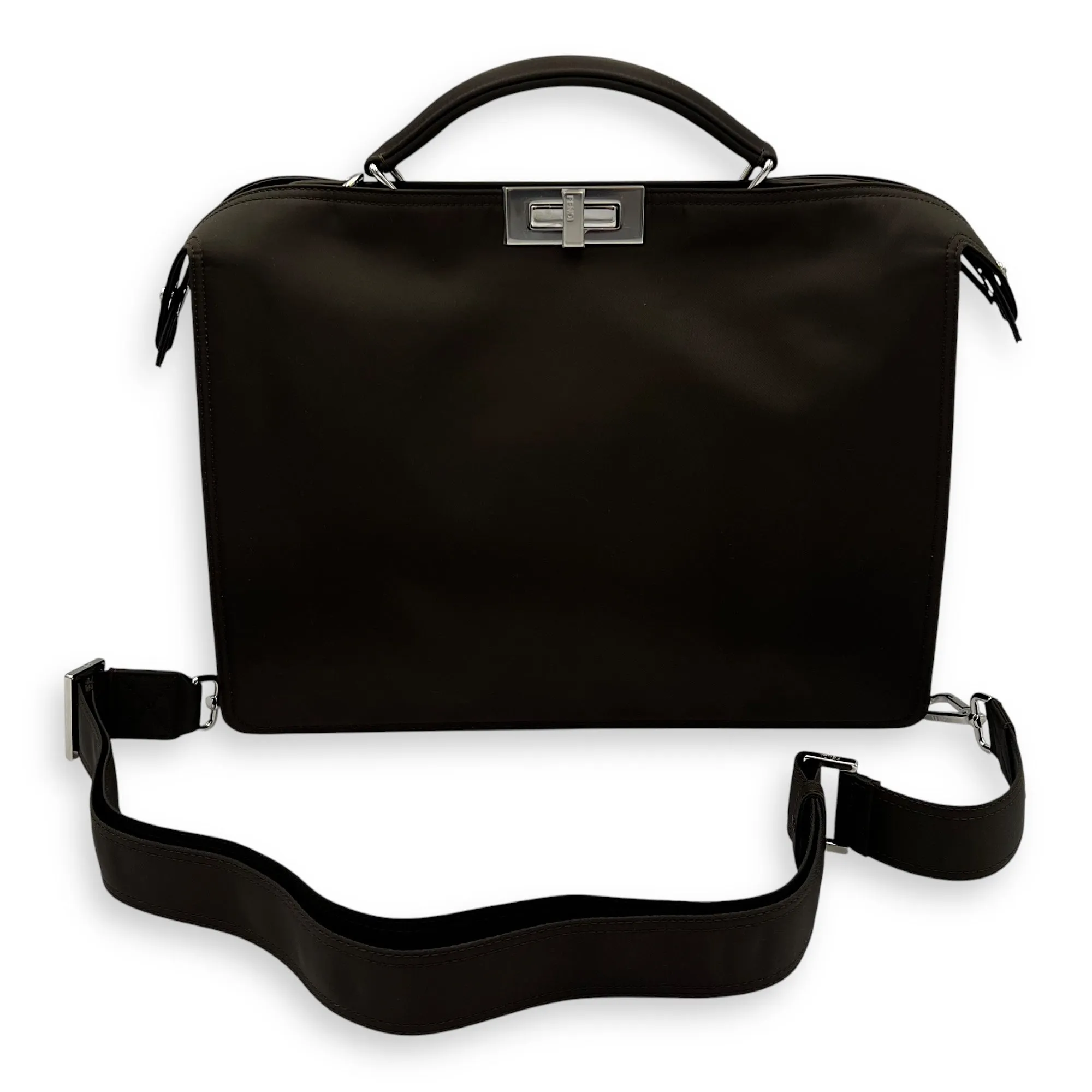 Peekaboo Top Handle Bag Brown in Nylon, Silver hardware