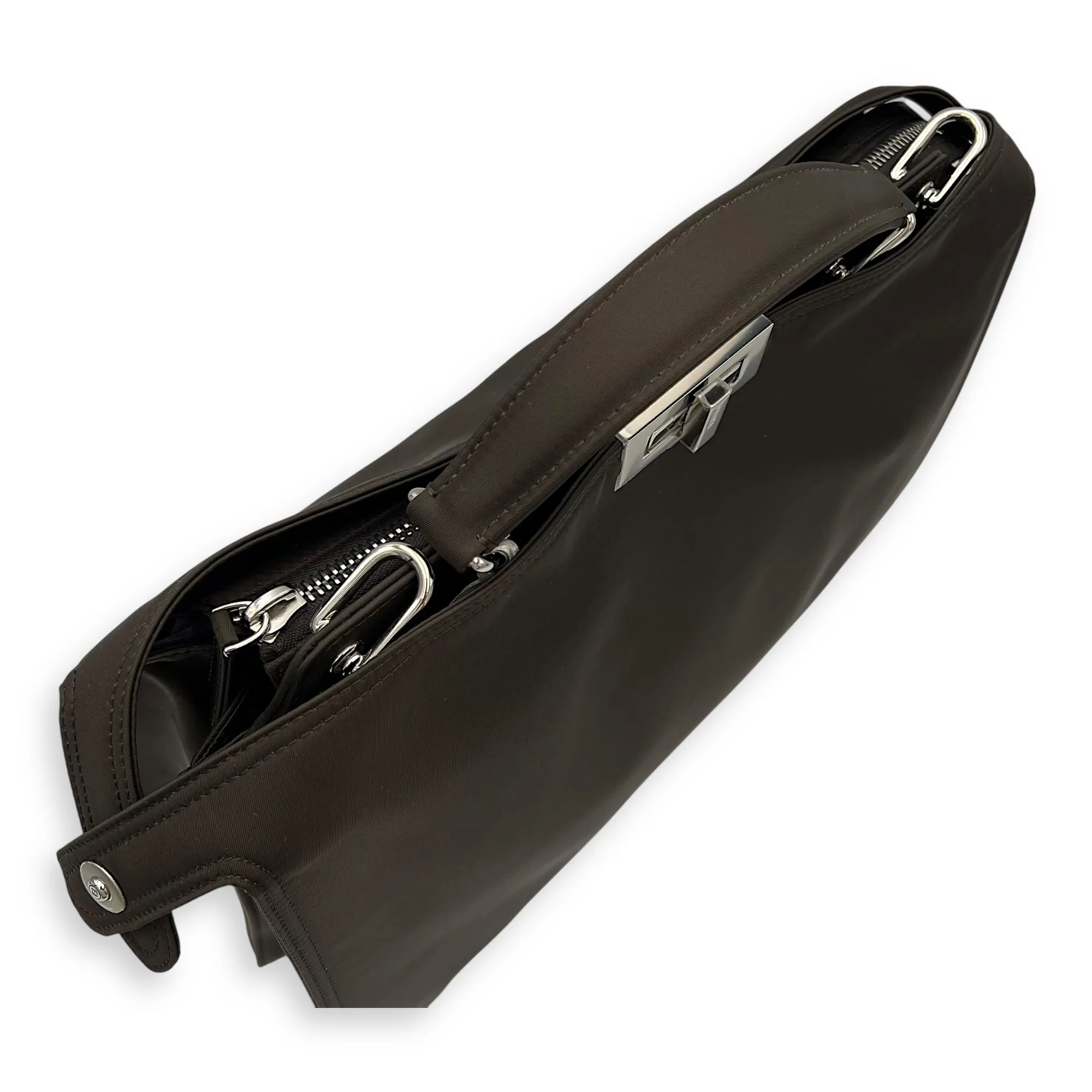 Peekaboo Top Handle Bag Brown in Nylon, Silver hardware