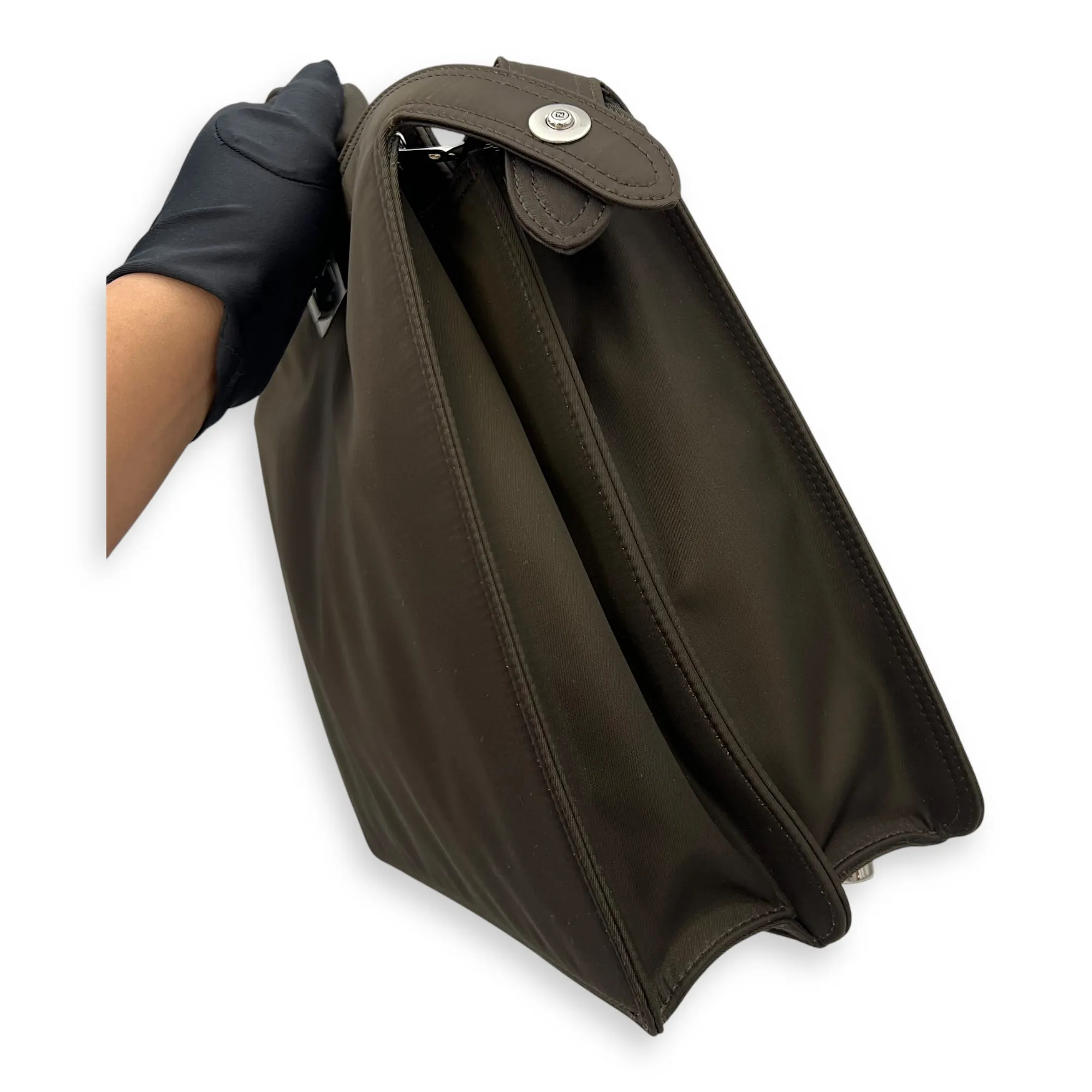 Peekaboo Top Handle Bag Brown in Nylon, Silver hardware