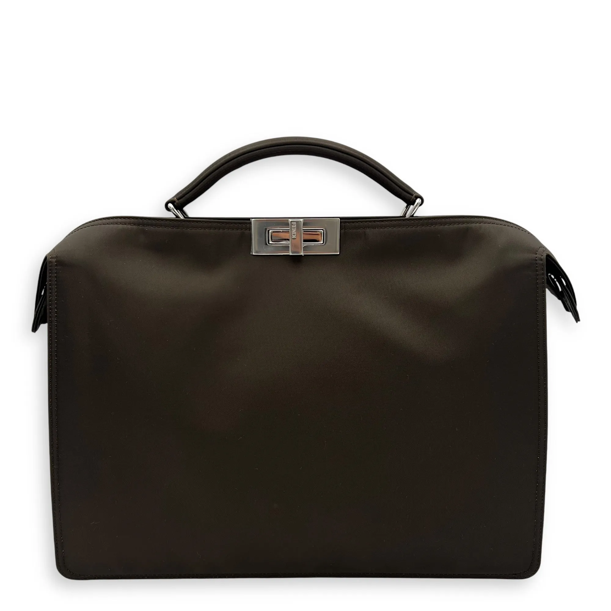Peekaboo Top Handle Bag Brown in Nylon, Silver hardware