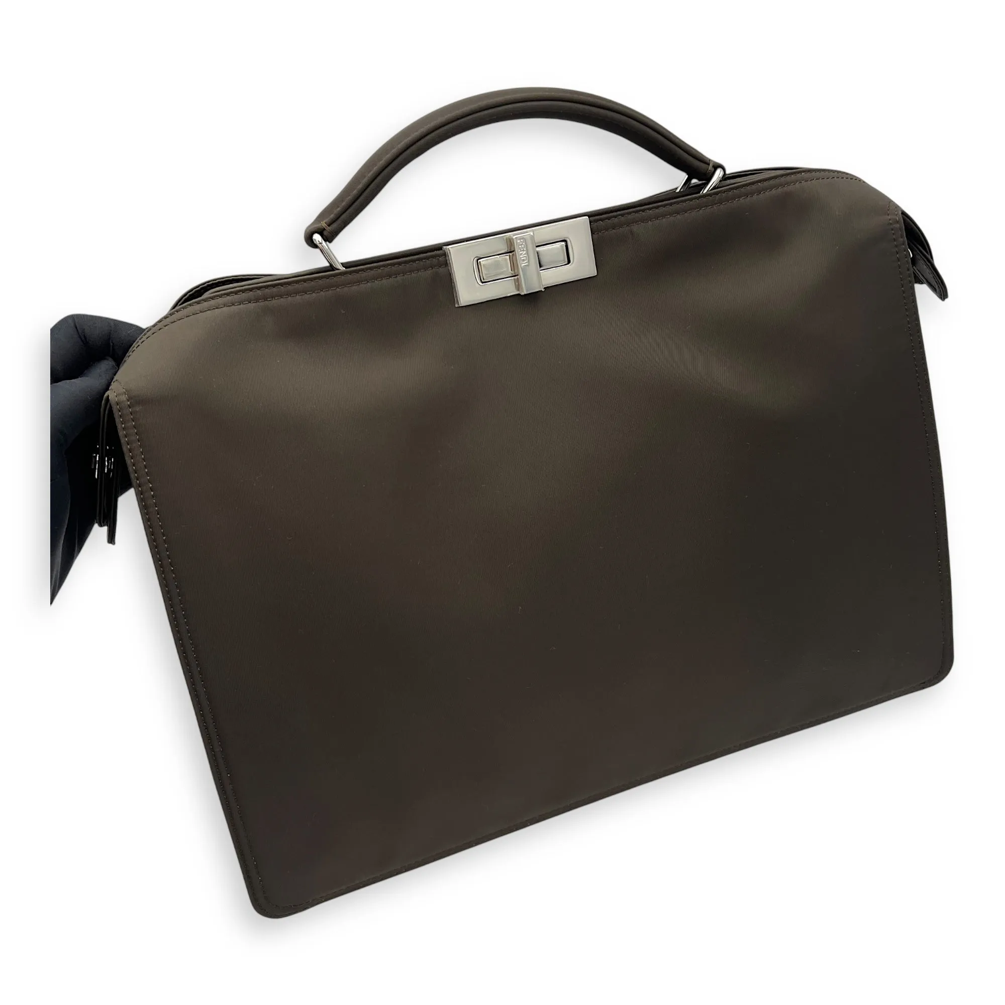 Peekaboo Top Handle Bag Brown in Nylon, Silver hardware