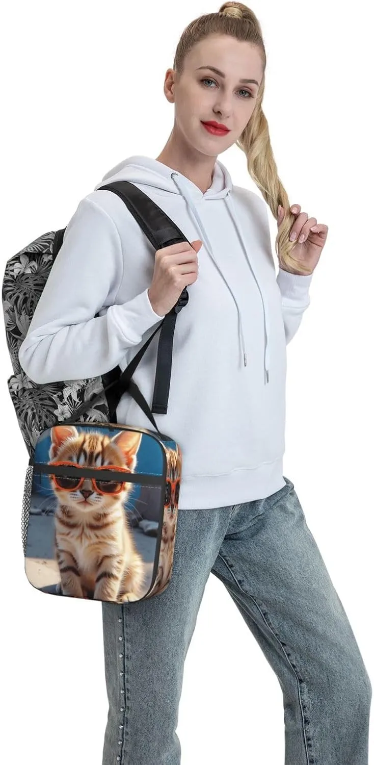 Portable Lunch Bag Insulated Kitten Wearing Orange Sunglasses On Concrete Ledge Lunch Box Reusable Tote Bag Unisex For Work, Travel, Picnic, Office, Camping, Hiking, Picnic, Beach 10X8X4 Inch