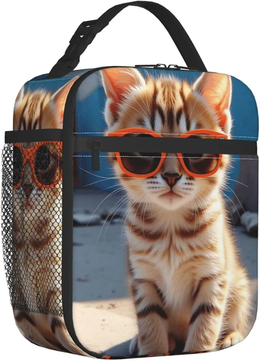 Portable Lunch Bag Insulated Kitten Wearing Orange Sunglasses On Concrete Ledge Lunch Box Reusable Tote Bag Unisex For Work, Travel, Picnic, Office, Camping, Hiking, Picnic, Beach 10X8X4 Inch