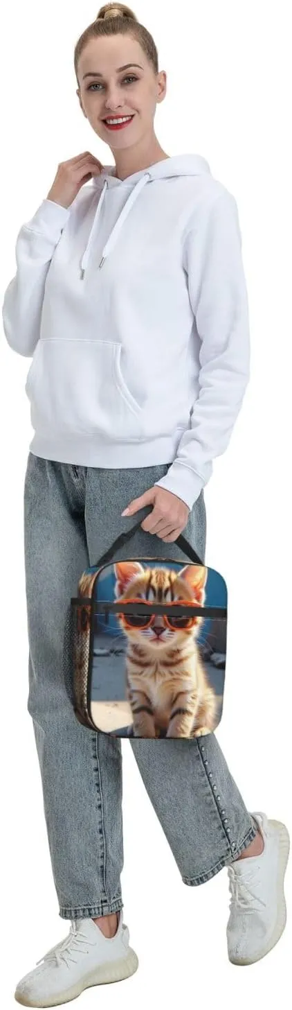 Portable Lunch Bag Insulated Kitten Wearing Orange Sunglasses On Concrete Ledge Lunch Box Reusable Tote Bag Unisex For Work, Travel, Picnic, Office, Camping, Hiking, Picnic, Beach 10X8X4 Inch