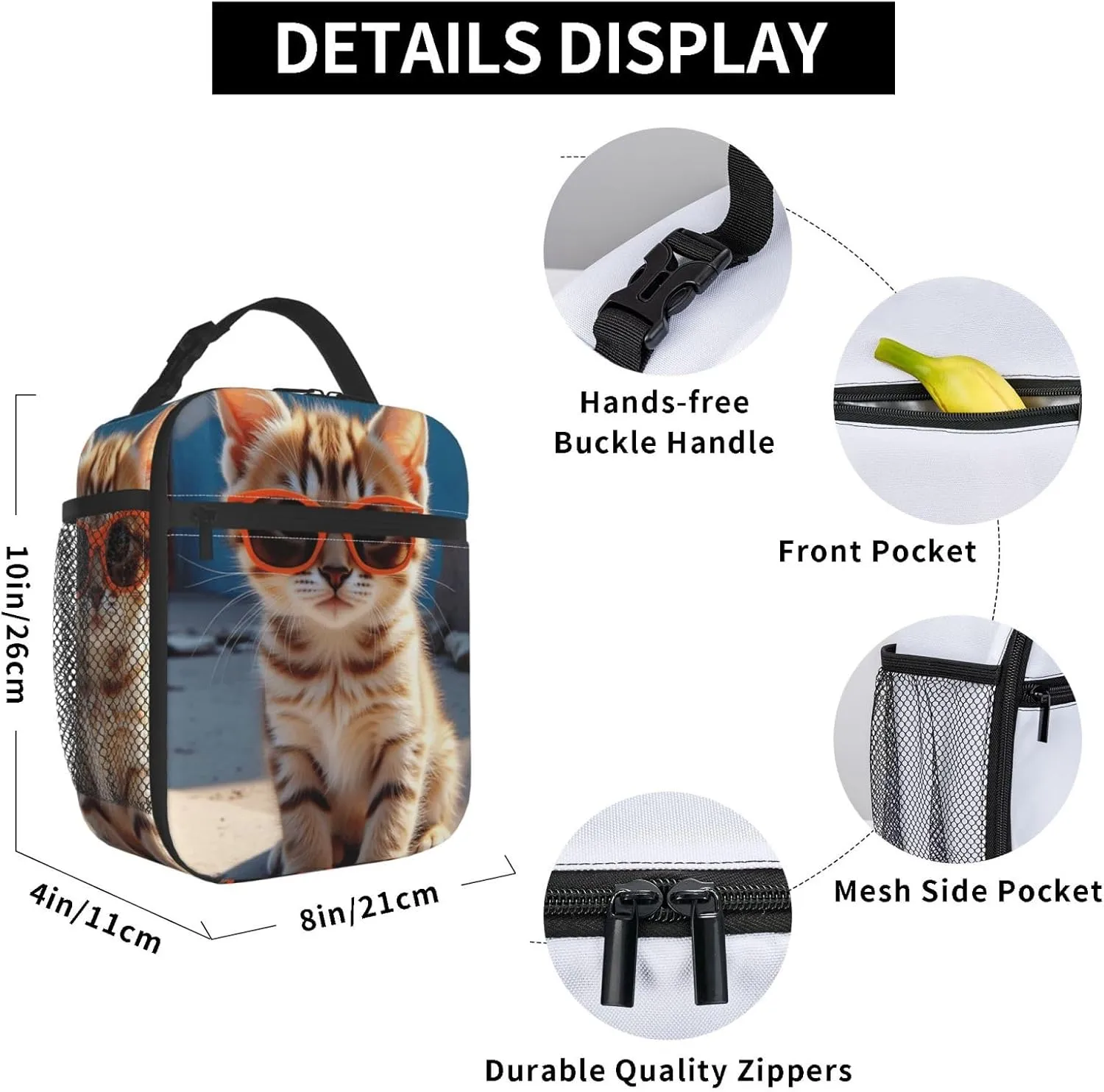 Portable Lunch Bag Insulated Kitten Wearing Orange Sunglasses On Concrete Ledge Lunch Box Reusable Tote Bag Unisex For Work, Travel, Picnic, Office, Camping, Hiking, Picnic, Beach 10X8X4 Inch