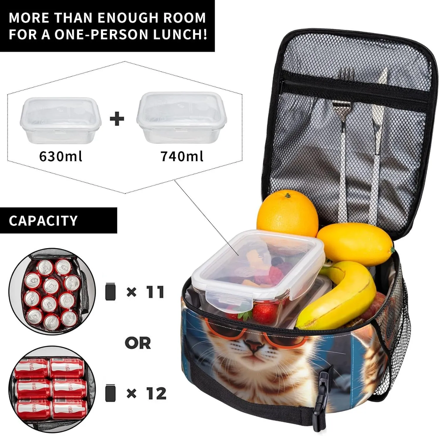 Portable Lunch Bag Insulated Kitten Wearing Orange Sunglasses On Concrete Ledge Lunch Box Reusable Tote Bag Unisex For Work, Travel, Picnic, Office, Camping, Hiking, Picnic, Beach 10X8X4 Inch