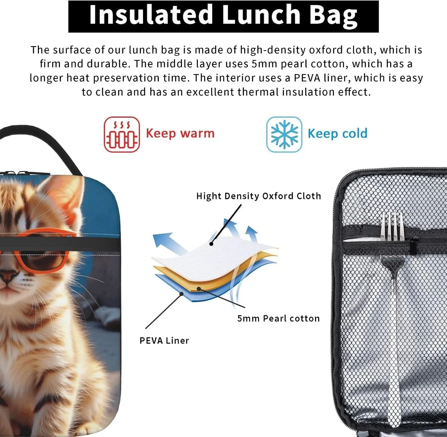 Portable Lunch Bag Insulated Kitten Wearing Orange Sunglasses On Concrete Ledge Lunch Box Reusable Tote Bag Unisex For Work, Travel, Picnic, Office, Camping, Hiking, Picnic, Beach 10X8X4 Inch