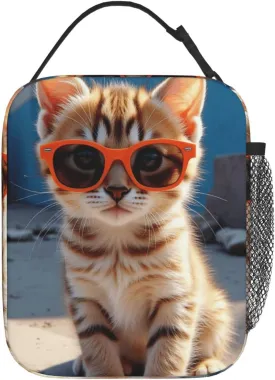 Portable Lunch Bag Insulated Kitten Wearing Orange Sunglasses On Concrete Ledge Lunch Box Reusable Tote Bag Unisex For Work, Travel, Picnic, Office, Camping, Hiking, Picnic, Beach 10X8X4 Inch