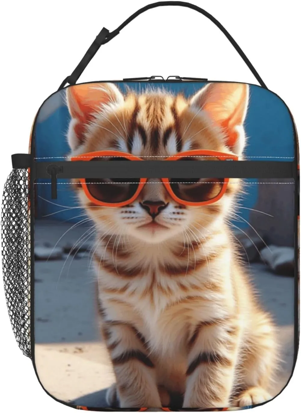 Portable Lunch Bag Insulated Kitten Wearing Orange Sunglasses On Concrete Ledge Lunch Box Reusable Tote Bag Unisex For Work, Travel, Picnic, Office, Camping, Hiking, Picnic, Beach 10X8X4 Inch