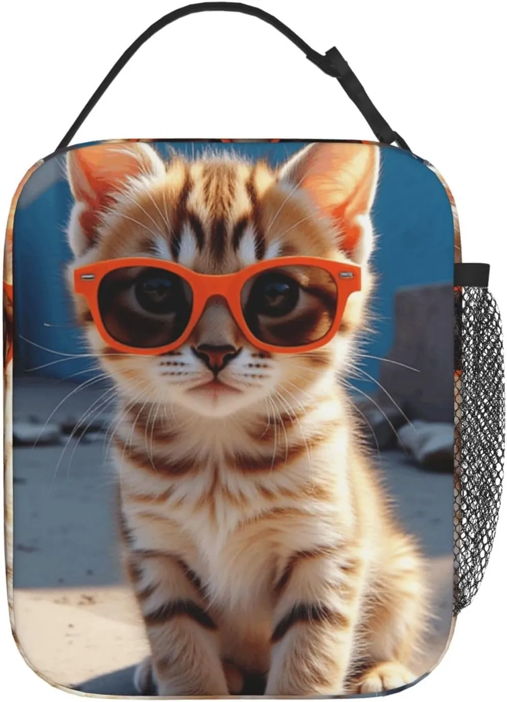 Portable Lunch Bag Insulated Kitten Wearing Orange Sunglasses On Concrete Ledge Lunch Box Reusable Tote Bag Unisex For Work, Travel, Picnic, Office, Camping, Hiking, Picnic, Beach 10X8X4 Inch
