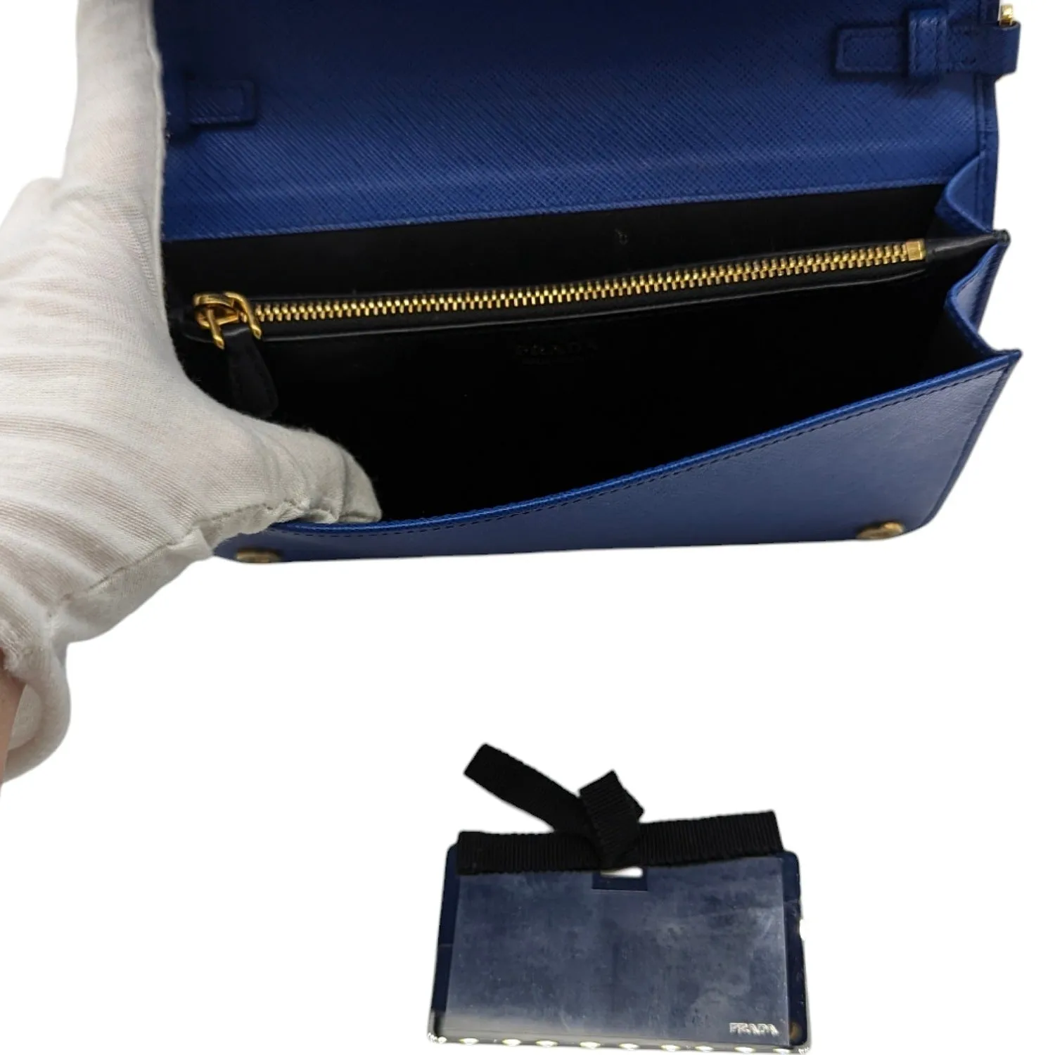 Prada Blue Saffiano Monochrome Mini Chain Wallet