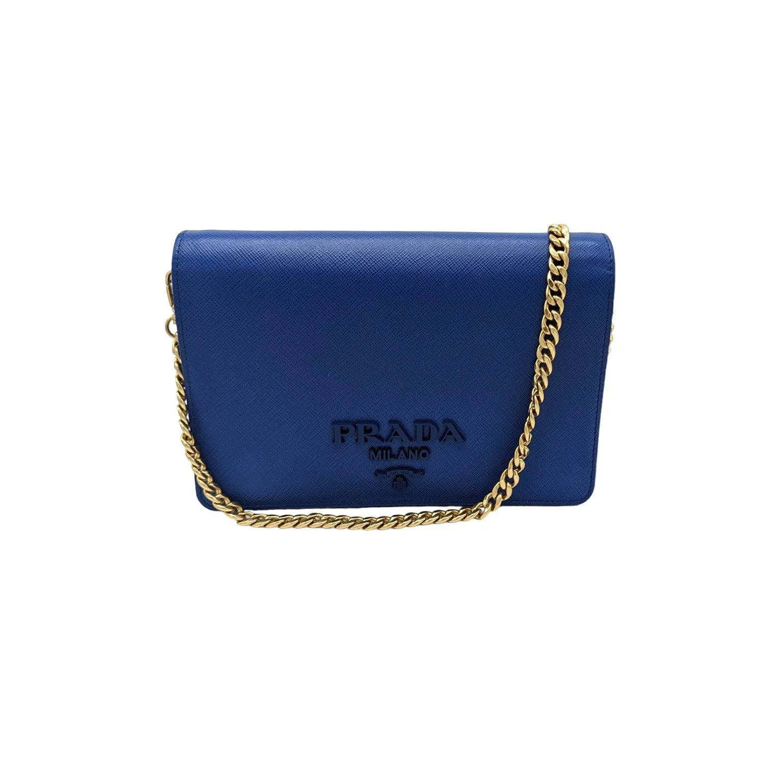 Prada Blue Saffiano Monochrome Mini Chain Wallet