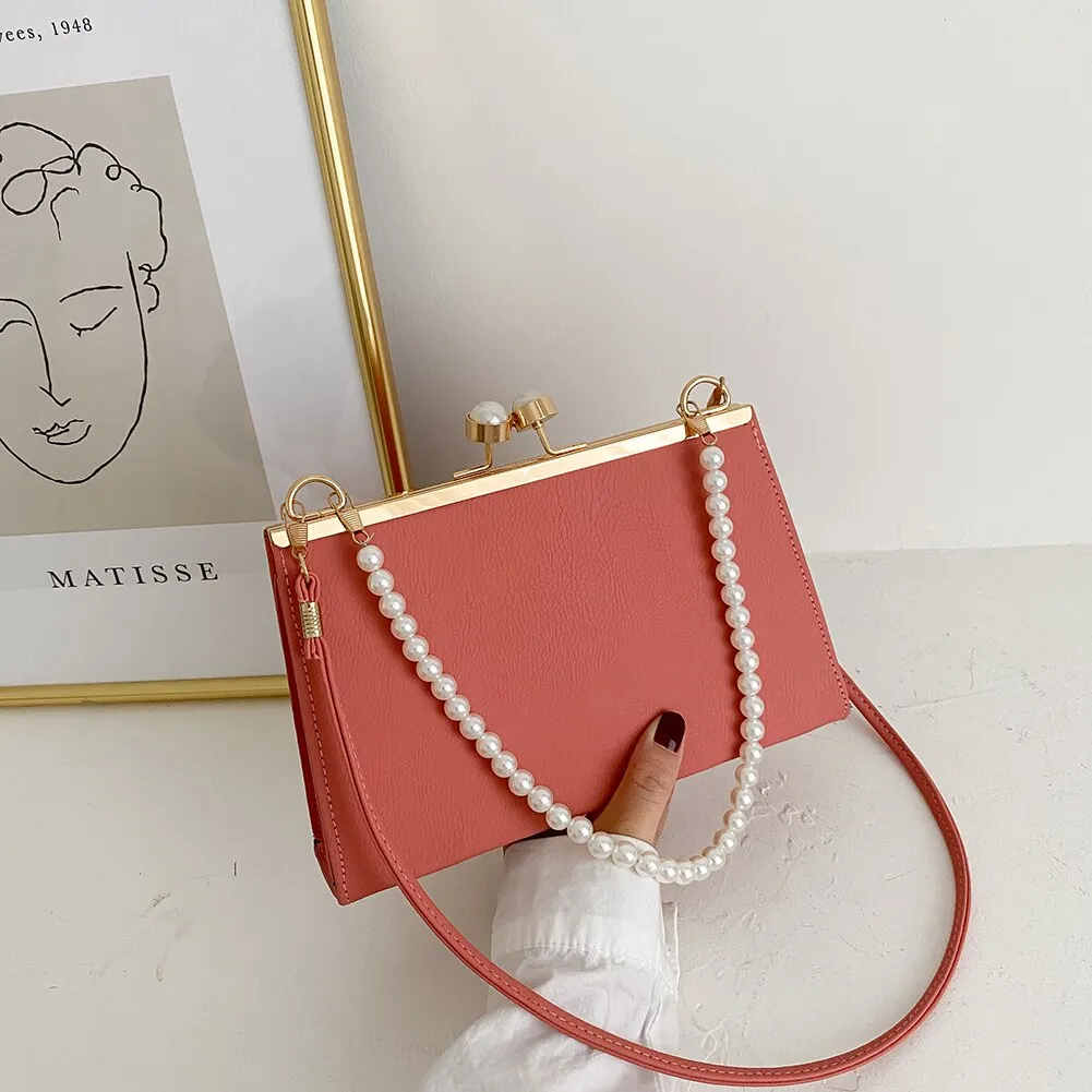 Retro Alligator Pattern Crossbody Bag For Women 2021 Clip Buckle Pearl Chain Bag PU Leather Small Shoulder Bag Square Handbags