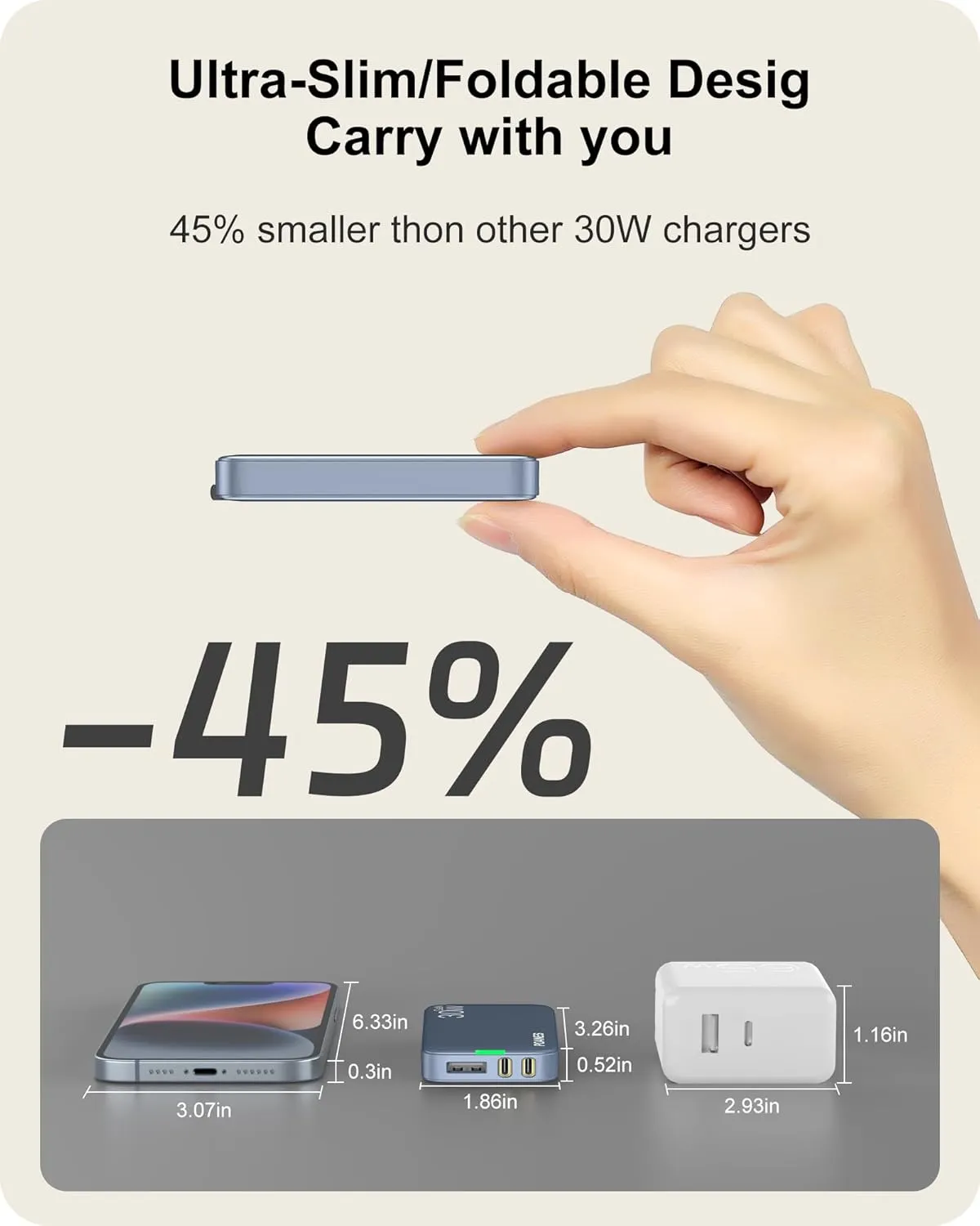 Slim USB C Wall Charger, Flat USB Wall Charger with USB C and USB A Ports, Super Thin USB Wall Plug for IPad Pro/Tablets, iPhone 15/14/13/12 and Galaxy S23,S22 etc (Light Blue-30W), CT-1250