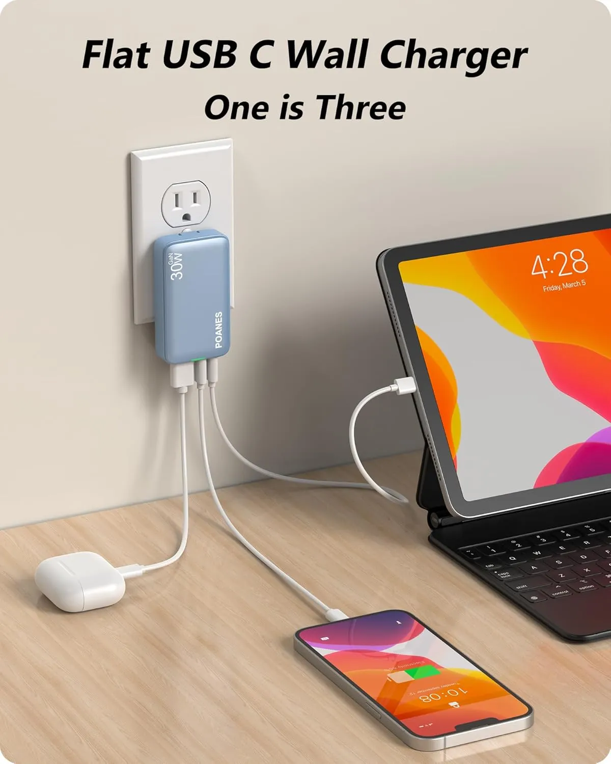 Slim USB C Wall Charger, Flat USB Wall Charger with USB C and USB A Ports, Super Thin USB Wall Plug for IPad Pro/Tablets, iPhone 15/14/13/12 and Galaxy S23,S22 etc (Light Blue-30W), CT-1250