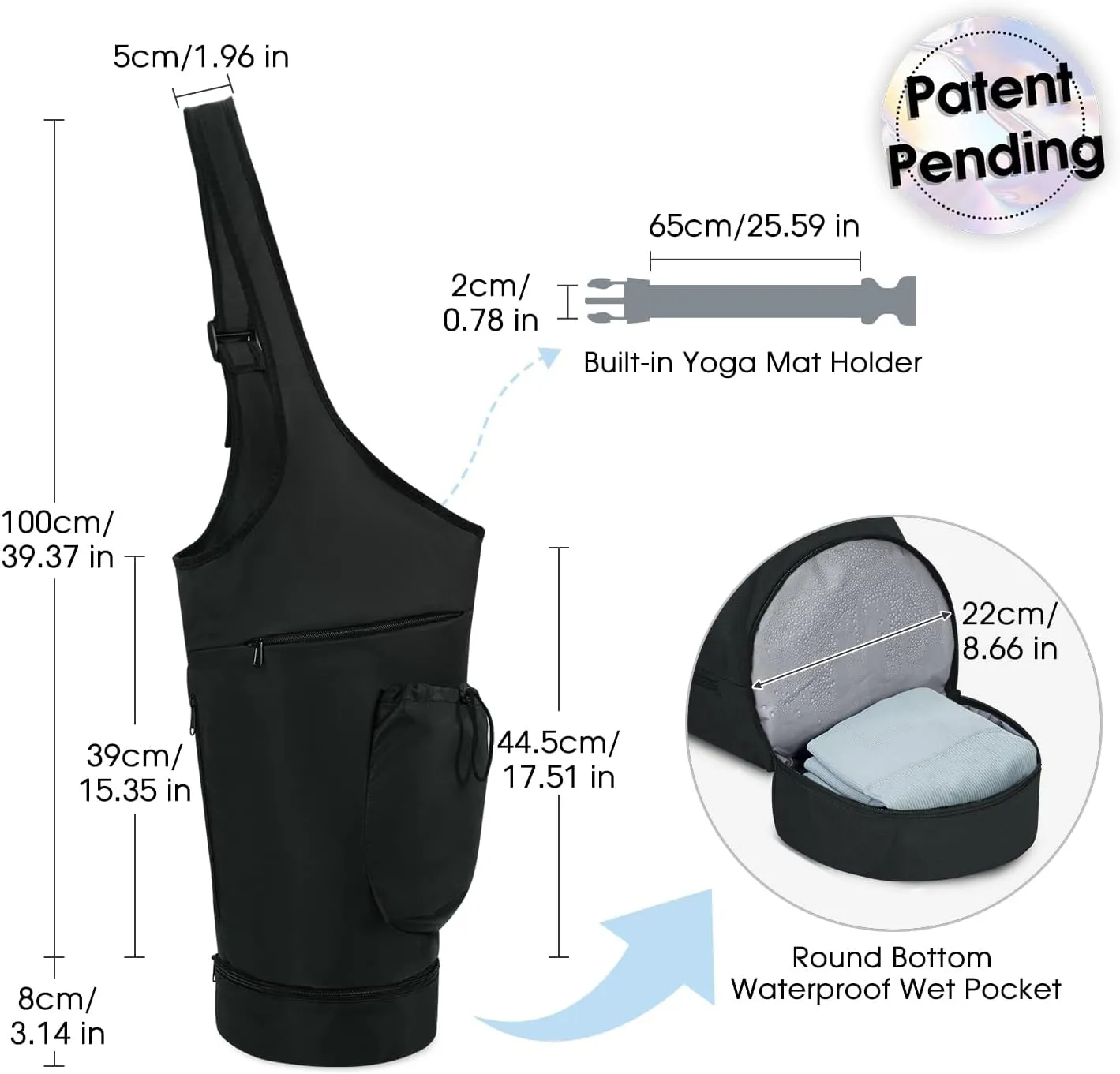 sportsnew Yoga Mat Bag, Large Opening Long Tote Yoga Mat Carrier Holder Bag with Waterproof Wet Pocket and Drawstring Water Bottle Pocket, Adjustable Shoulder Strap Storage Bag, patent pending