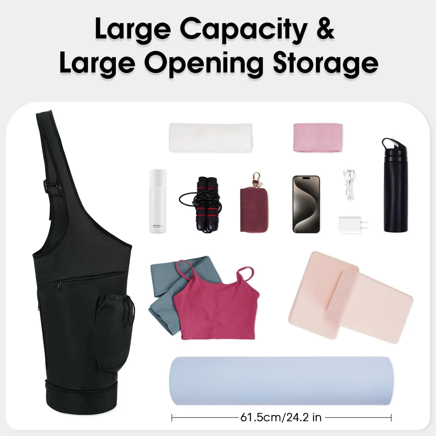 sportsnew Yoga Mat Bag, Large Opening Long Tote Yoga Mat Carrier Holder Bag with Waterproof Wet Pocket and Drawstring Water Bottle Pocket, Adjustable Shoulder Strap Storage Bag, patent pending