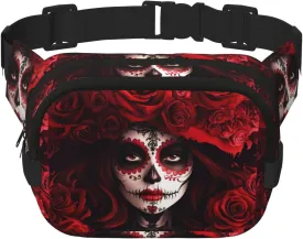 Square Mexico-Women-Sugar-Skull Double-Layer Sport Fanny Pack Waist Pack Large Crossbody Waist Bag For Running Travel Walking