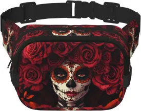 Square Women-Sugar-Skull-Rose Double-Layer Sport Fanny Pack Waist Pack Large Crossbody Waist Bag For Running Travel Walking
