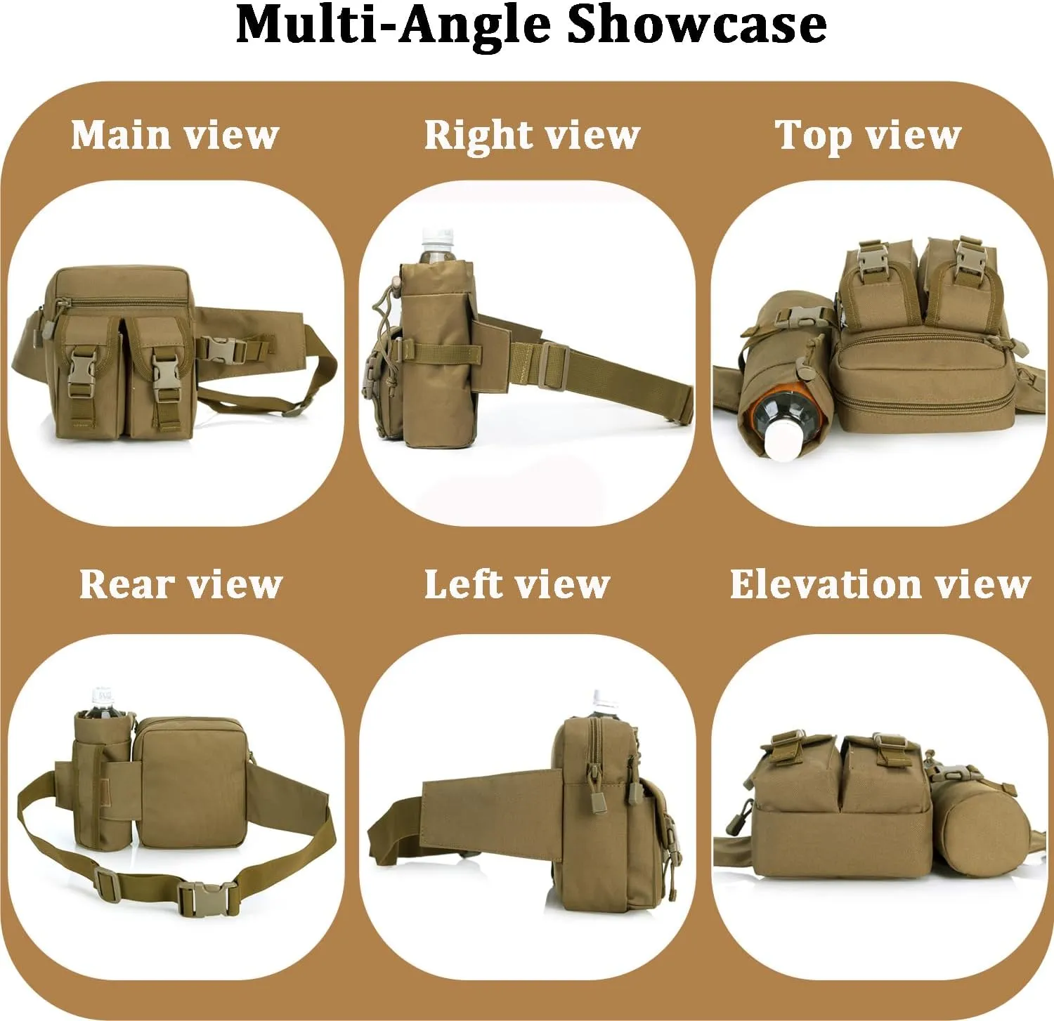 Tactical Fanny Pack, Military Waist Bag Belt Bag with Water Bottle Holder Small Hip Bum Bag for Hiking Climbing Fishing Outdoor Running (Khaki)