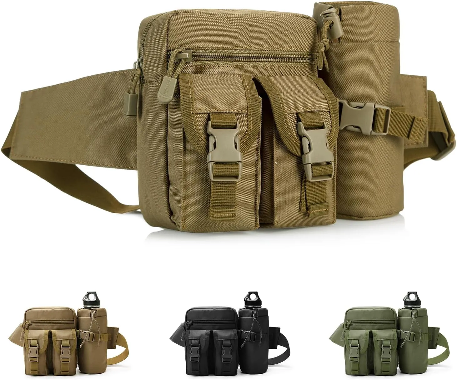 Tactical Fanny Pack, Military Waist Bag Belt Bag with Water Bottle Holder Small Hip Bum Bag for Hiking Climbing Fishing Outdoor Running (Khaki)