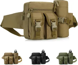 Tactical Fanny Pack, Military Waist Bag Belt Bag with Water Bottle Holder Small Hip Bum Bag for Hiking Climbing Fishing Outdoor Running (Khaki)