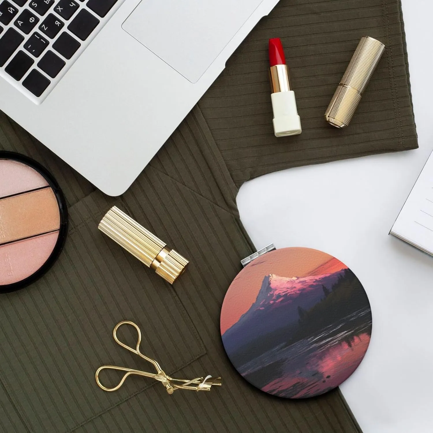 Travel Makeup Mirror for Women Double-Sided 1X/2X Magnifying Foldable Cosmetic Mirror Portable Pocket Mirror Sunset landscape Mountains Lake Vanity Mirror Compact Beauty Mirror for Pocket Purse Clutch