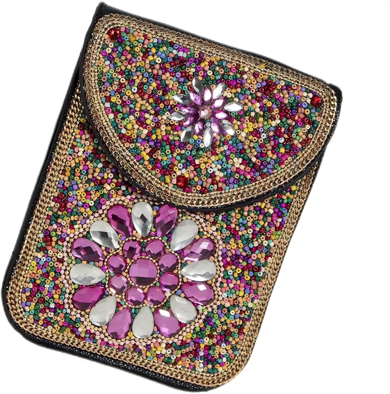 Women's Mobile Phone Bag, Cellphone Pouch, Retro Beads Shoulder Bag, Handcrafted Embellished Clutch Purse, Beaded Design