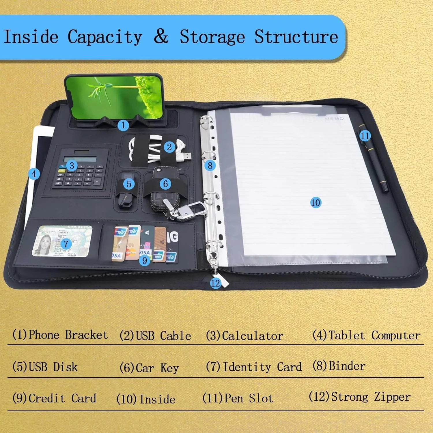 Zippered Padfolio with Calculator, Leather Business Portfolio Organizer with Handle, Portfolio Folder Phone Holder 10.1 Inch Table Sleeve, Interview Resume File Document Binder for Men Women